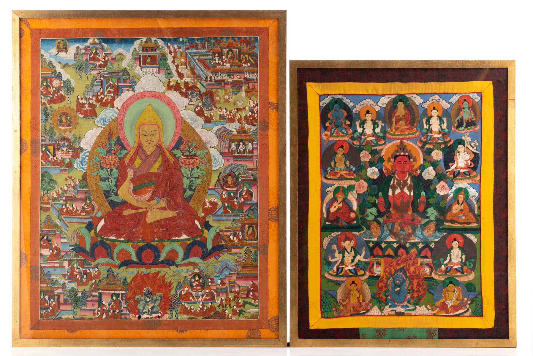 Two Tibetan thangkas, gouache on textile, 19th/20thC, framed, 44,5 x 62 - 60,5 x 78 cm - Image 2 of 3