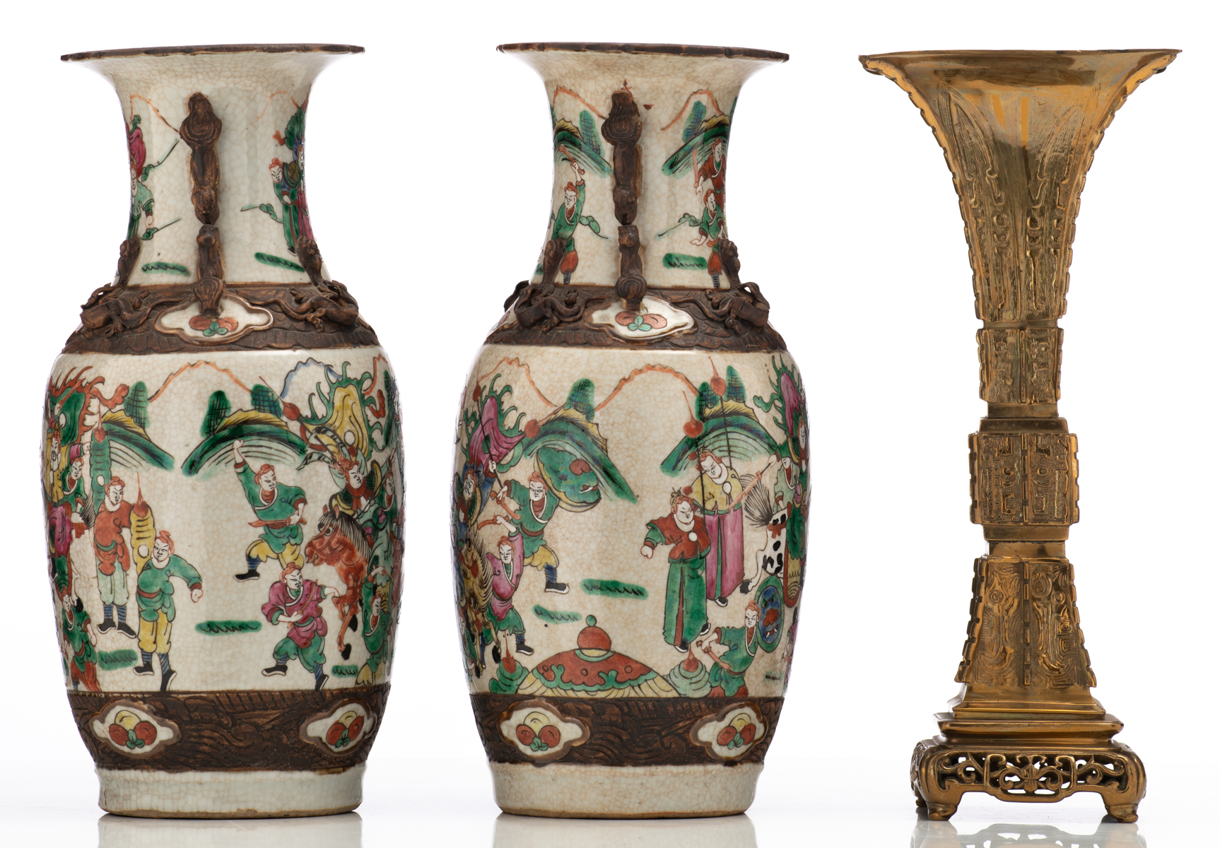 A pair of Chinese famille rose stoneware vases, decorated with warriors, marked; added a Chinese - Image 2 of 6
