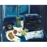 Vervisch G., a still life with an orange, a newspaper, a telephone and a typewriter, dated 1968, oil