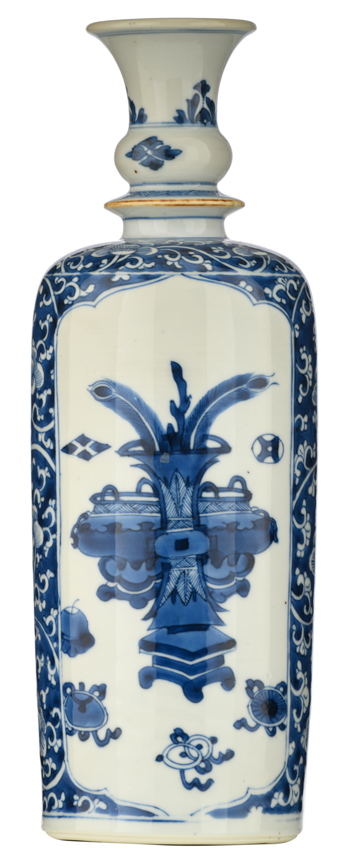 A Chinese blue and white floral decorated porcelain flask, the roundels with antiquities and