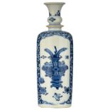 A Chinese blue and white floral decorated porcelain flask, the roundels with antiquities and