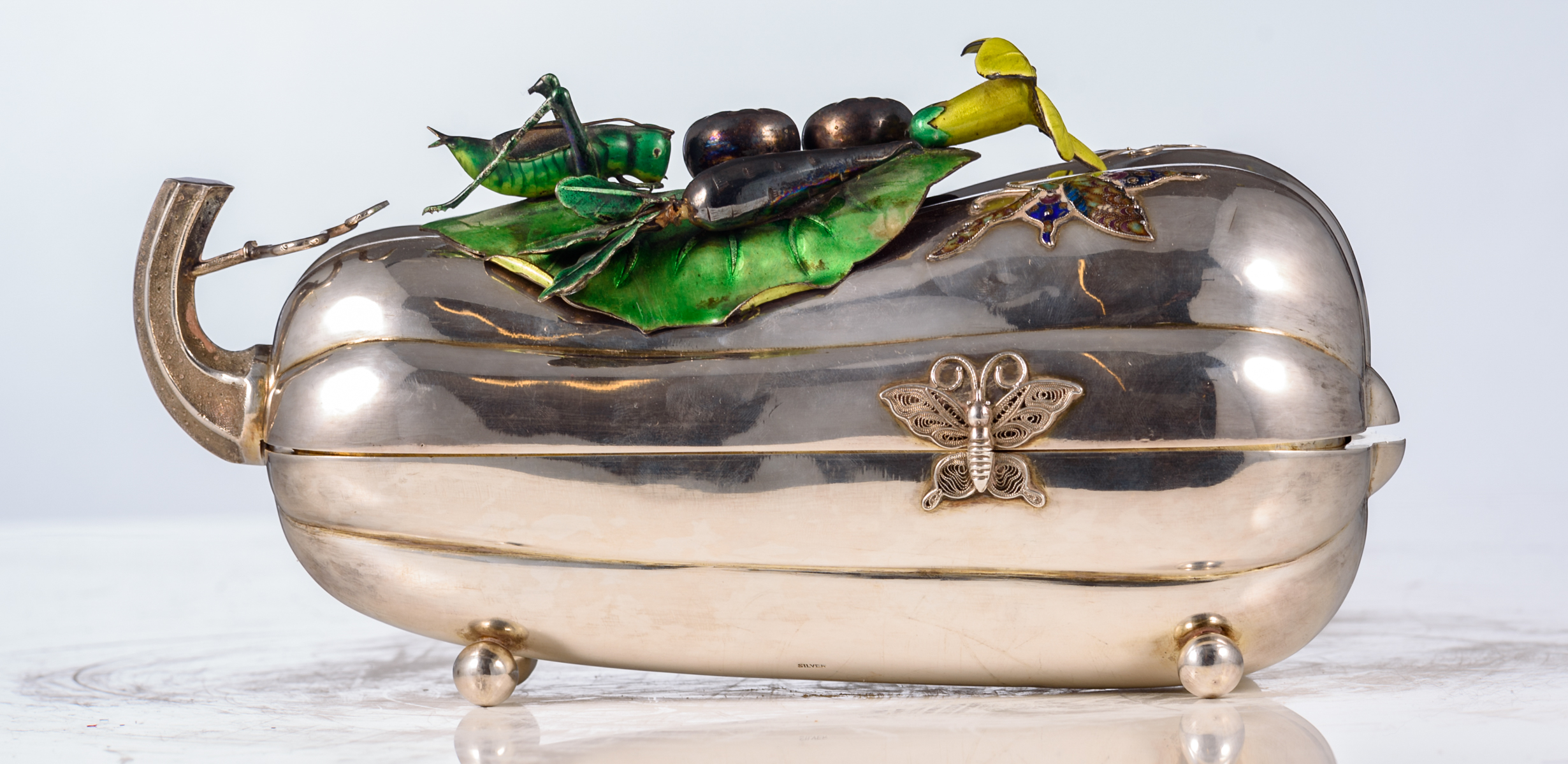 An Oriental silver pumpkin shaped box and cover, with enamelled alto relievo decoration depicting - Image 6 of 9