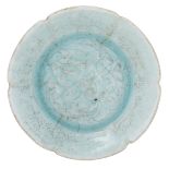 A Chinese qingbai type stoneware petal display dish, with floral relief decoration, ø 15,3 cm