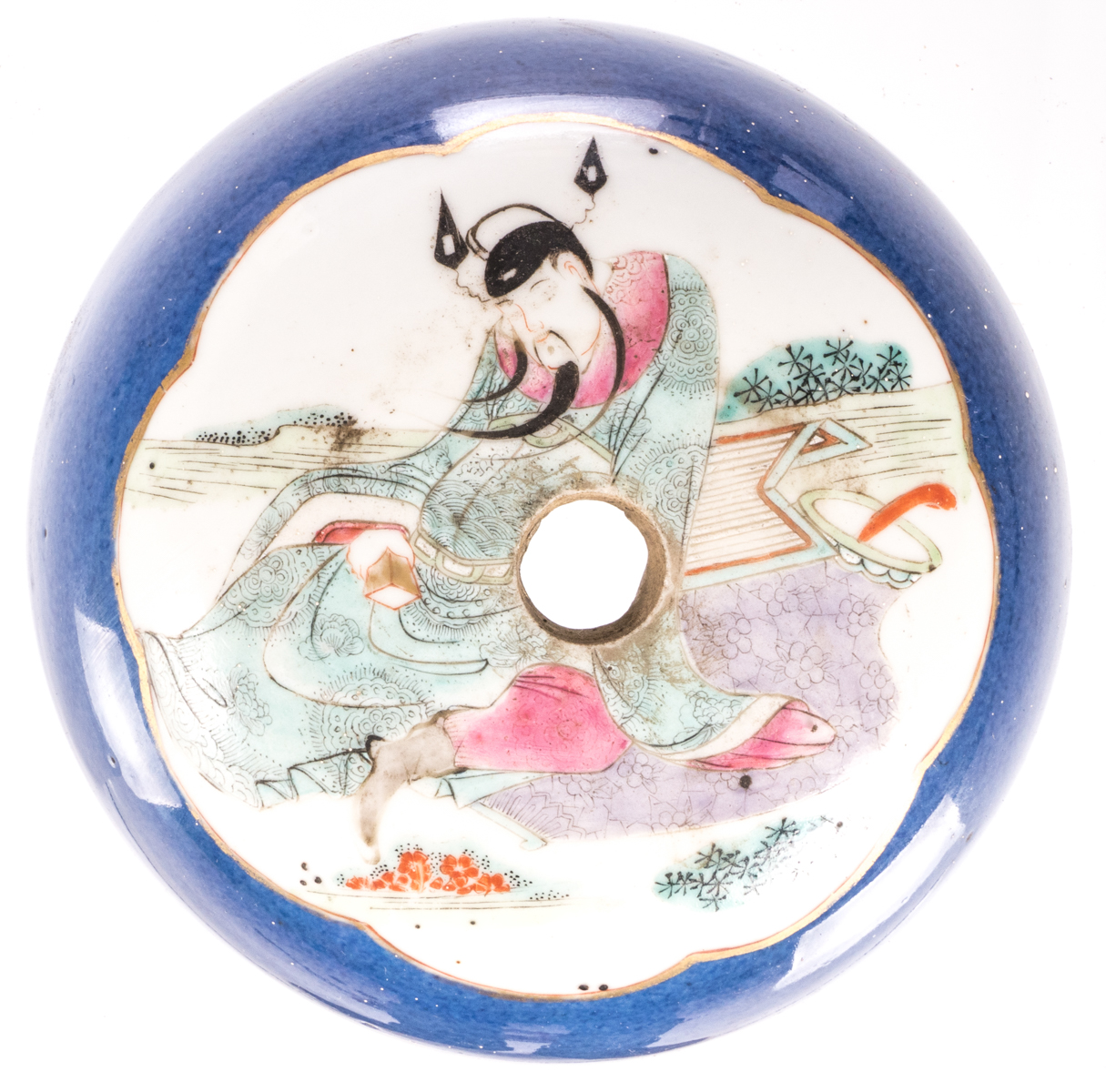 A Chinese bleu poudré ground jar and cover, the roundels famille rose decorated with animated - Image 9 of 11