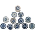 A lot of 16 various blue and white Dutch Delftware plates, all items with chinoiserie or European