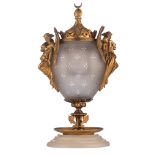 A potpourri bowl of Oriental inspiration, frost and cut glass - bronze mounts and a marble base,