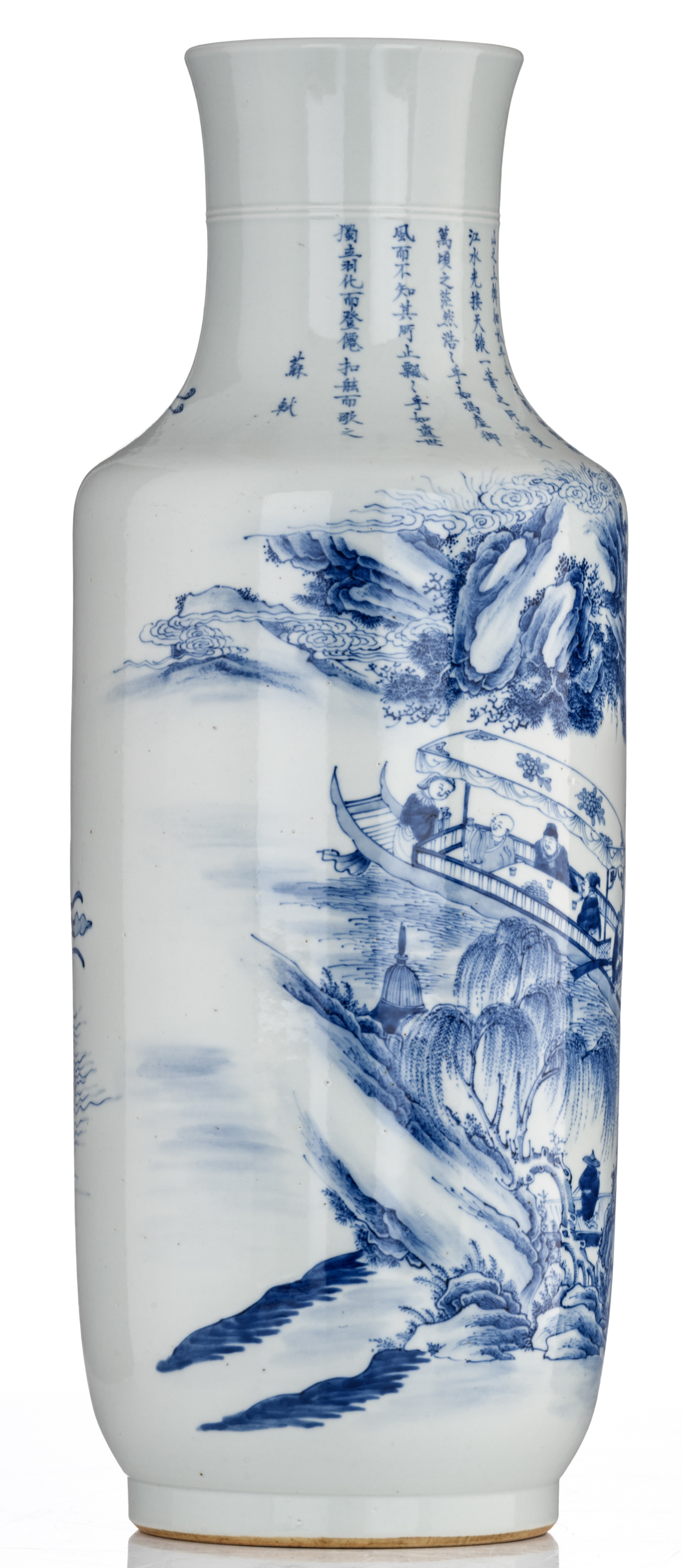 A Chinese blue and white rouleau vase, the decoration depicting figures on a boat gliding through - Image 4 of 6