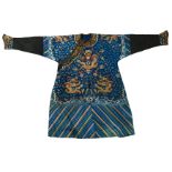 A blue ground richly embroidered jifu, decorated with five clawed dragons, these robes were worn