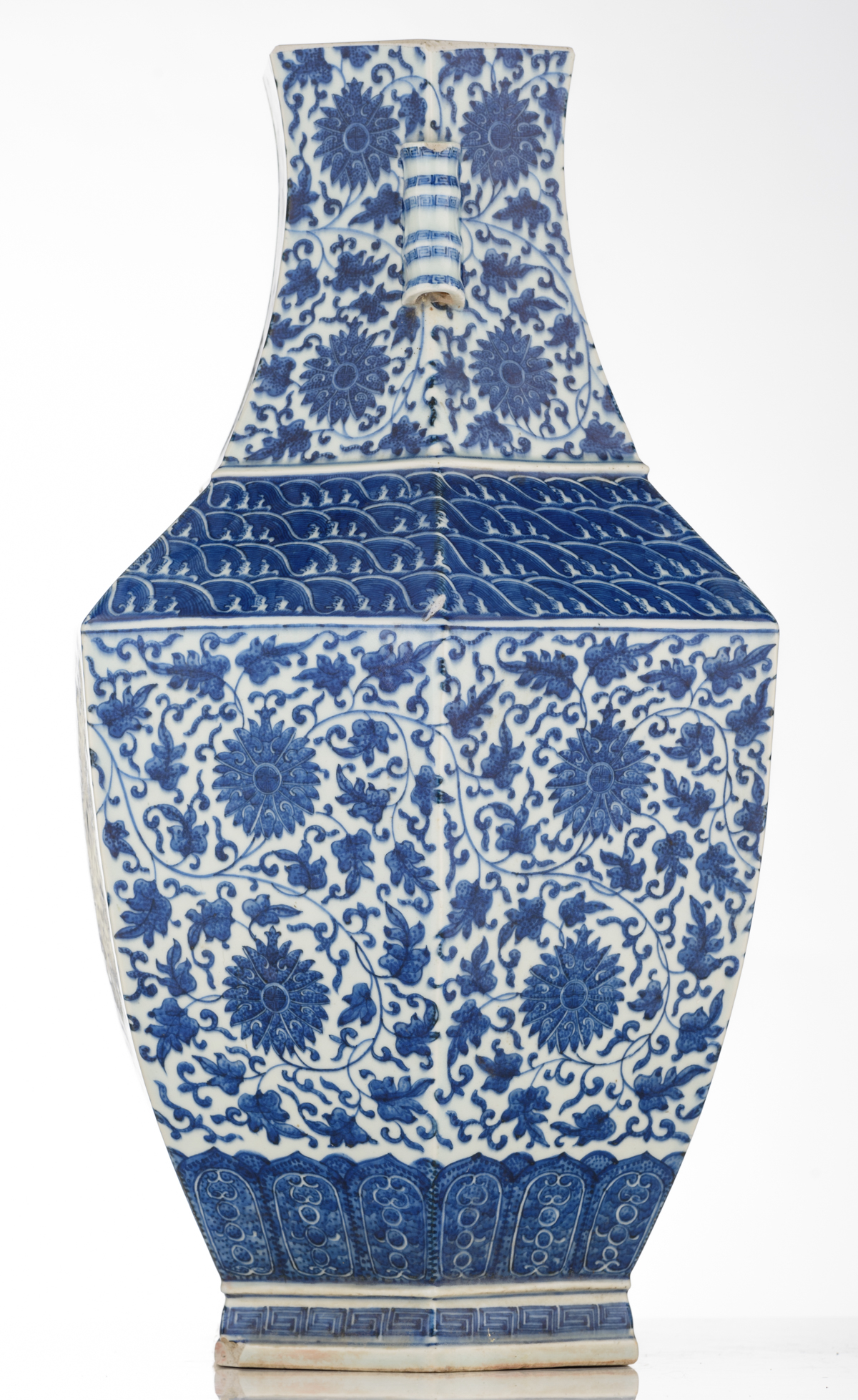 A Chinese hexagonal blue and white hu vase, decorated with floral scrolls and shou signs on the - Image 4 of 7