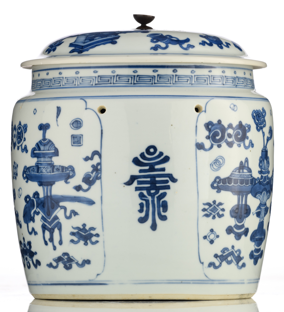 A Chinese blue and white porcelain food warmer, decorated with Shou signs, the roundels with the ' - Image 4 of 9
