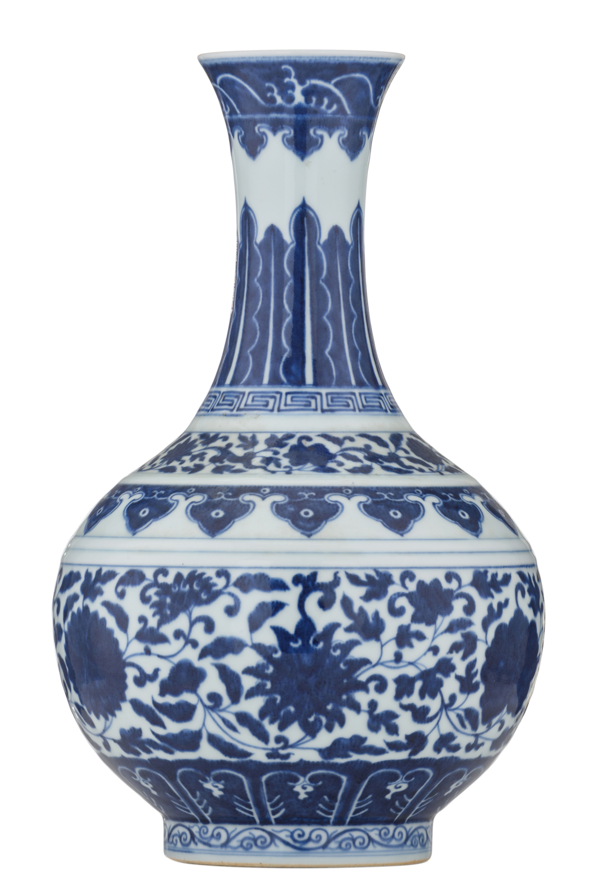 A Chinese blue and white bottle vase, decorated with the design of a meandering foliate scroll, with