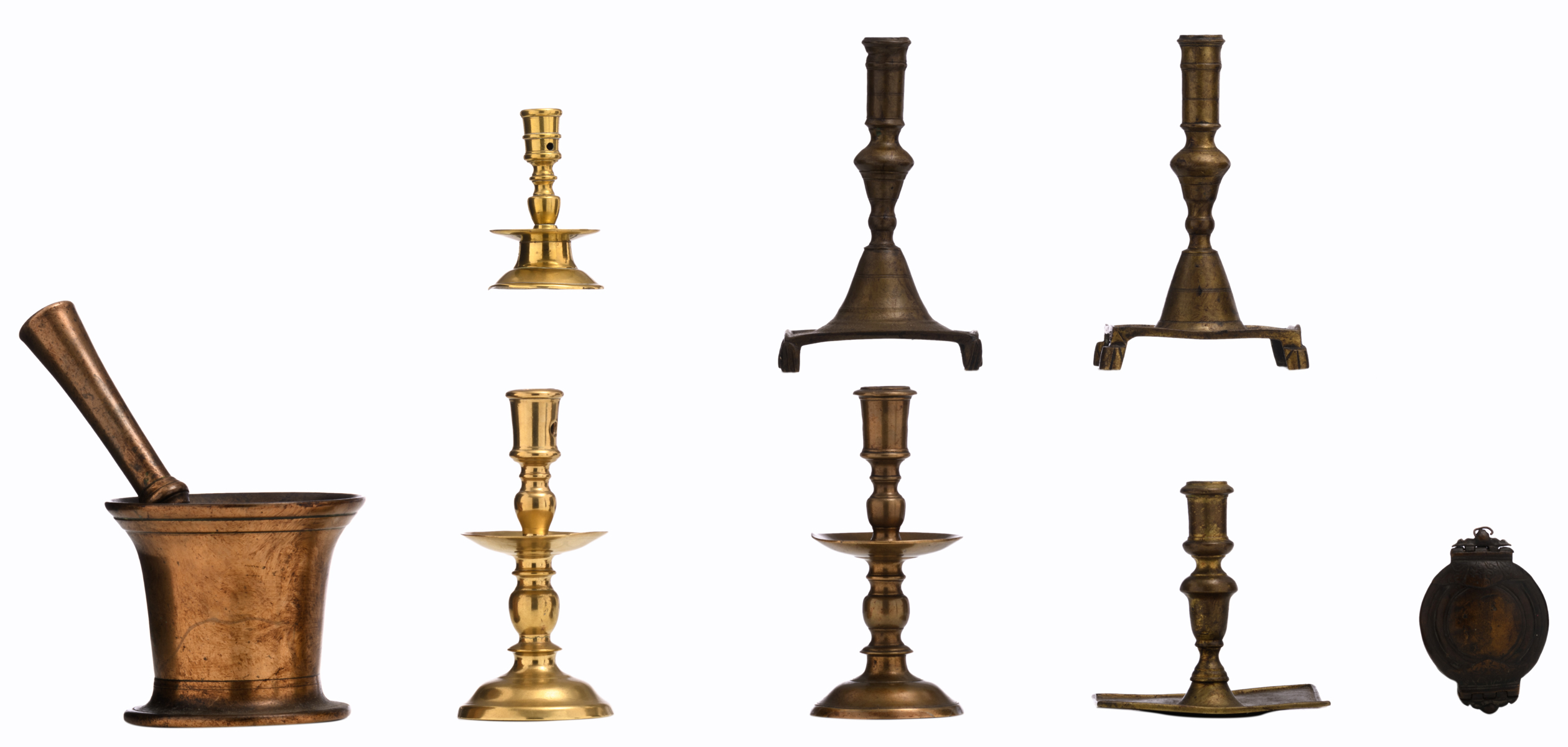 A lot of 17thC bronze items, consisting of three collar candlesticks, a pair and one Spanish