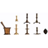 A lot of 17thC bronze items, consisting of three collar candlesticks, a pair and one Spanish