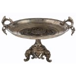 An Oriental silver plated bronze (paktong?) centerpiece, the well decorated with a Buddhist