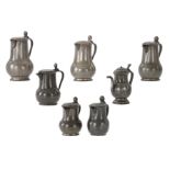 A lot of seven pewter jugs, five of them marked, 18thC, H 16 - 27 cm