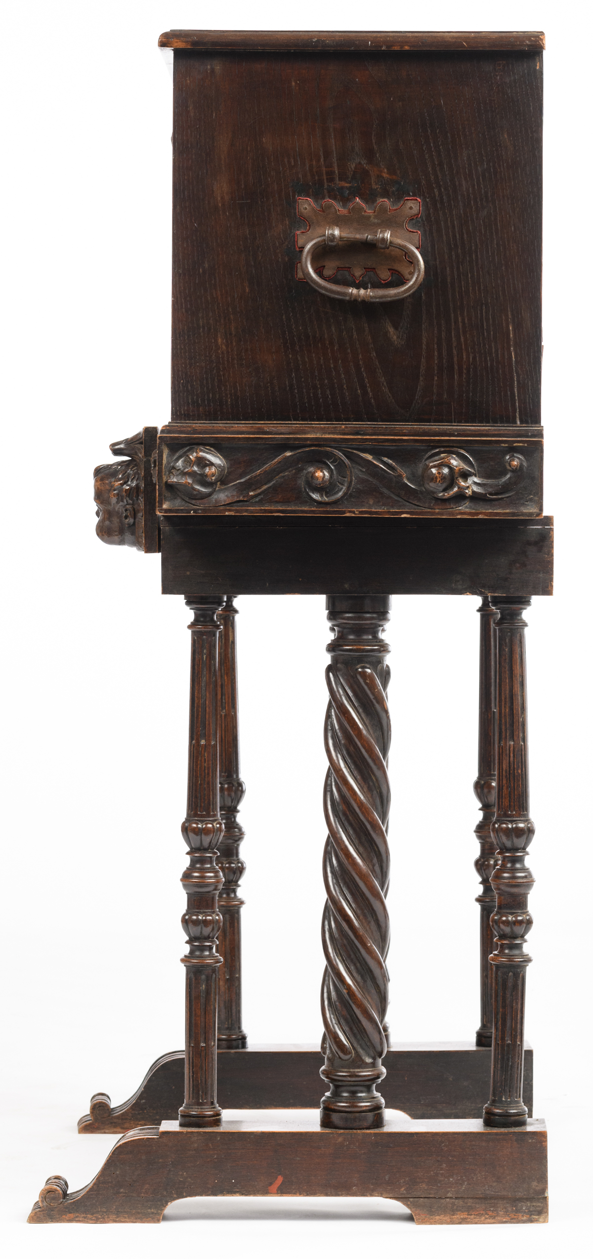 A richly alto relievo carved walnut and oak vargueno, 19thC Renaissance Revival,  H 57,5 - 143 (with - Image 3 of 6