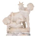 Pugi, putti playing with a goat, Carrara marble on a matching base, H 46 - 51 cm (with base)