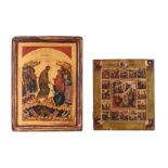 Two Eastern European icons, one depicting the resurrection of the dead, the other depicting the 16