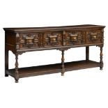 An English Jacobean style oak lowboy, partly 17thC, H 85 - W 183 - D 51 cm