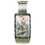 A Chinese famille verte rouleau vase, decorated with the Eight Immortals in a landscape, 19thC, H