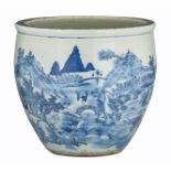 A Chinese blue and white floral decorated cachepot, depicting a mountainous landscape, 17thC, H 37,5