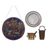 A various lot consisting of an engraved baptismal dish, marked Peter Parqui, a round stained glass
