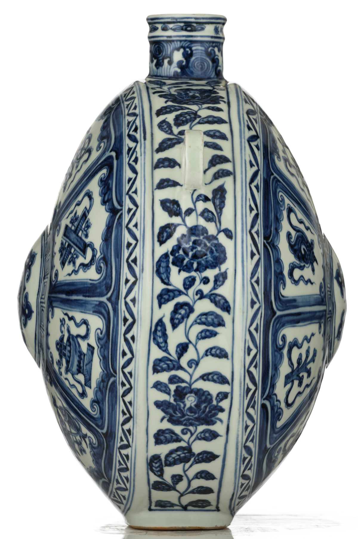 A Chinese moonflask, blue and white decorated with the eight Buddhist symbols, H 36,5 cm - Image 4 of 6