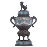 A Chinese champlevé enameled bronze incense burner, the knob to the cover Fu lion shaped, 19th/