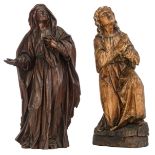 A wooden sculpture of the mourning Madonna, 17th/18thC; added a Gothic Revival wooden handcuffed