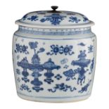 A Chinese blue and white porcelain food warmer, decorated with Shou signs, the roundels with the '