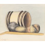 Spilliaert L., a still life with potatoes and a barrel, watercolour, signed and dated 1922 bottom