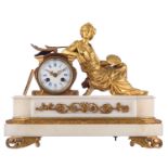 A gilt bronze mantel clock with an allegory of painting on top and a white marble base, second