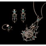 Landuyt O., an 18ct white gold and turquoise three-part set consisting of a pendant set with a