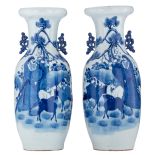 A pair of Chinese blue and white vases, decorated with a shepherd and his goats, H 58,5 - 59 cm