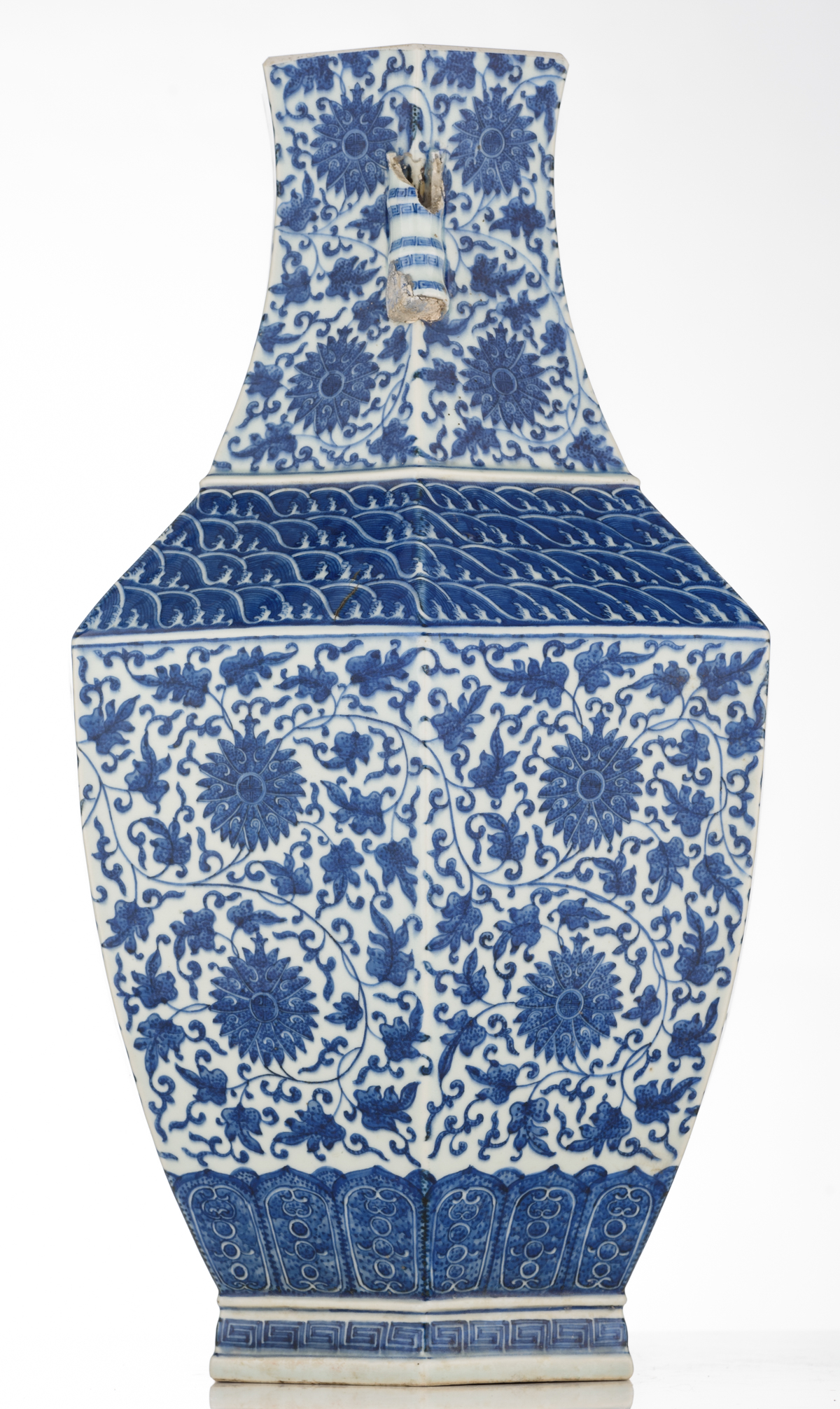 A Chinese hexagonal blue and white hu vase, decorated with floral scrolls and shou signs on the - Image 2 of 7