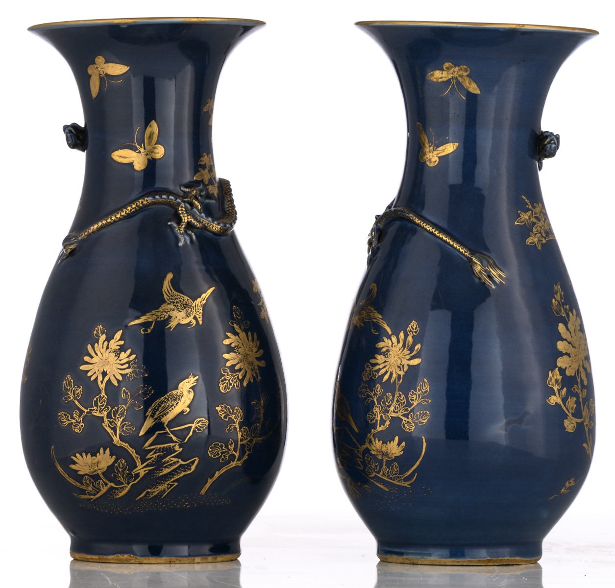 A pair of Chinese 'bleu soufflé' pear shaped vases, gilt and relief decorated with dragons and - Image 4 of 6