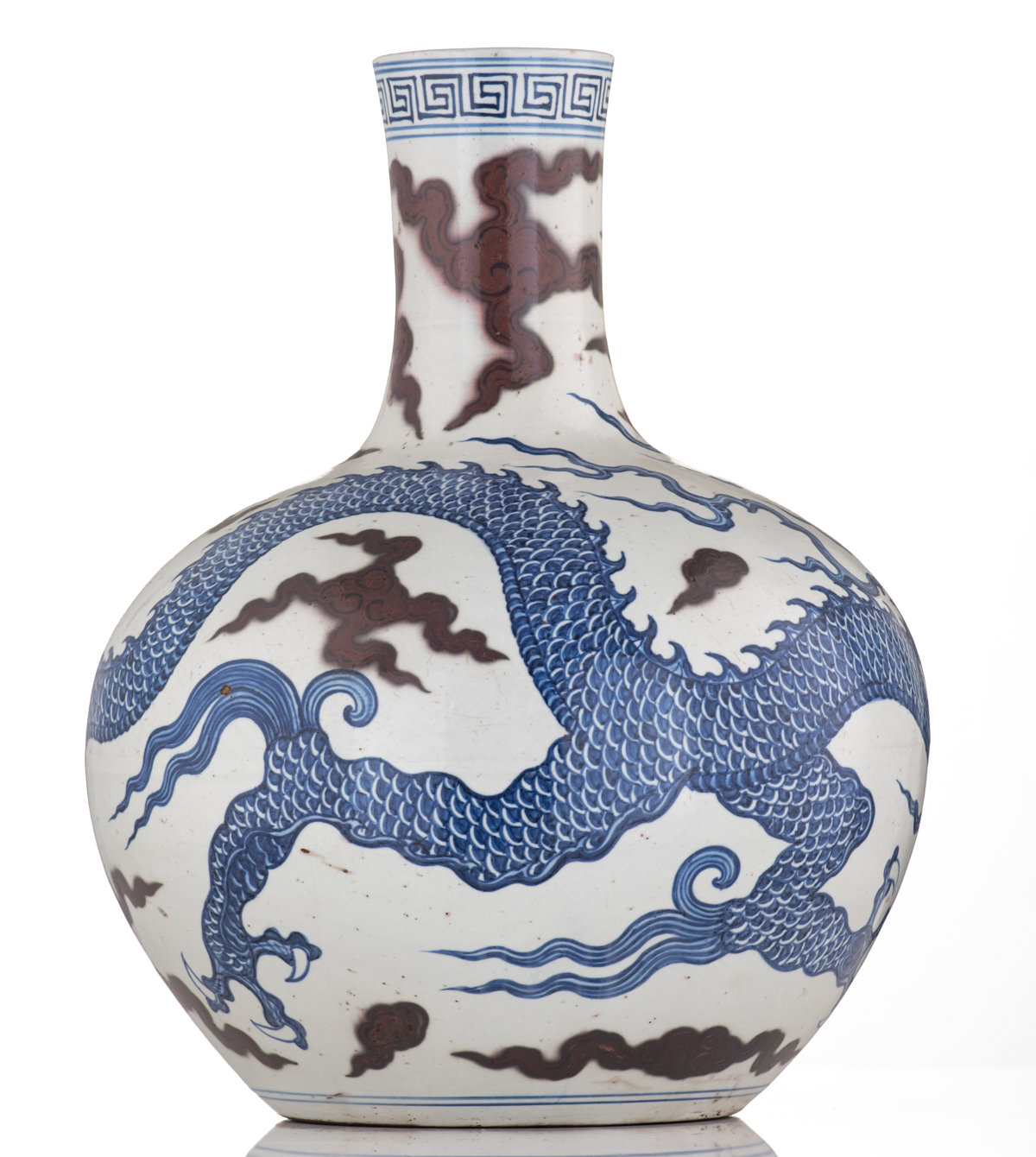 A Chinese cobalt blue and copper red bottle vase, decorated with a dragon amongst clouds, H 41 cm - Image 3 of 6