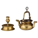 A 17thC Spanish brass / bronze candlestick; added a bronze 16thC style laver, H 12 - 12,5 cm