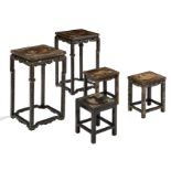 A lot of three Chinese carved and lacquered stools, 19thC; added two ditto bigger stools, 19thC, H