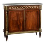 A neoclassical mahogany side cupboard, with gilt bronze mounts and a Carrara marble top, stamped '