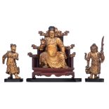An Oriental gilt wooden seated figure on a throne, depicting Guandi, 18th/19thC; added two ditto