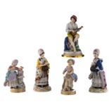 A lot of polychrome decorated Meissen figures consisting of two ladies depicting virtues and