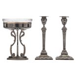 A pair of neoclassical silver candlesticks, Sheffield hallmark, monogrammed; added a silver plated