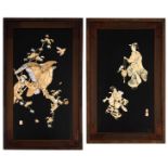 Two Japanese Meiji period hardwood Shibayama panels, one depicting an eagle sitting on a branch, the