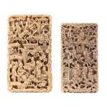 Two Chinese ivory calling card cases, both items entirely decorated with figures on terraces in a