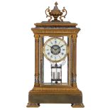 A neoclassical copper table clock with cloisonné decoration, H 57 - W 31 - D 19 cm