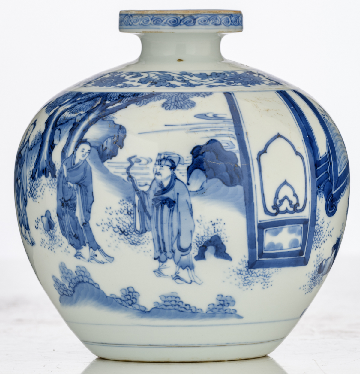 A Chinese blue and white bottle vase, decorated with six Daoist figures in a landscape, H 18 cm - Image 2 of 6