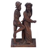 An oak retable fragment depicting Jesus being led to Golgotha by a soldier, 19thC, H 38 cm
