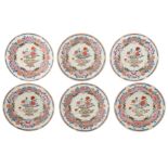 Six Chinese famille rose export porcelain plates, decorated with a flower basket and peony, 18thC, ø