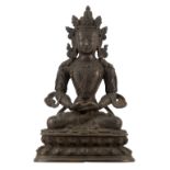 A patinated bronze Buddha, his hands in Dhyana mudra, 19thC, H 17,7 cm